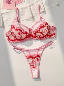 PetitDoll Sweet & Spicy Girl Pink Embroidered Heart Bra, Sheer Mesh See-Through Sexy Lingerie Set 2pcs - Multicolor - View 1
