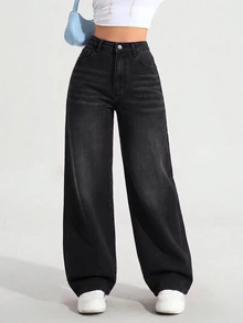 SHEIN ICON 女款大尺碼彈性腰復古淺紫色牛仔直筒長褲 - 黑色 - 查看 4