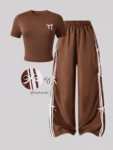 SHEIN Teen Girls 2pcs Polyester Round Neck Short Sleeve Long Regular Fit T-Shirt Set Fall Brown - Brown - View 1