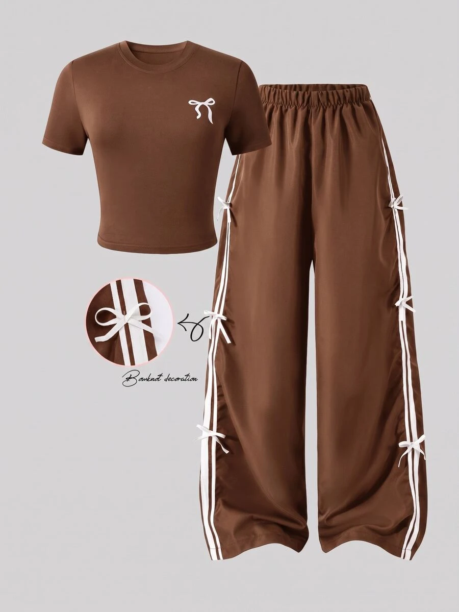 SHEIN Teen Girls 2pcs Polyester Round Neck Short Sleeve Long Regular Fit T-Shirt Set Fall Brown - Brown - View 1