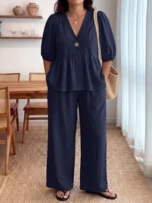 Enliva 大尺碼女款荷葉邊泡泡袖兩件套：V領開襟上衣與鬆緊腰長褲 - 藏蓝色 - 查看 5