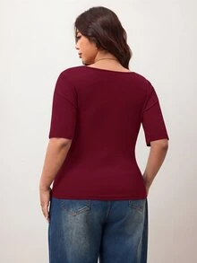 Enliva Plus Size Women's High Elasticity Slim Fit Square Neck Short Sleeve T-Shirt, Skin-Friendly Spring/Summer Style, Flattering For Round Body Shape (Suitable For Apple-Shaped Body) - Burgundy - View 2