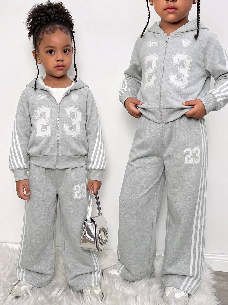 SHEIN ChillGRL 2件組少女街頭風 23號印花側條紋連帽寬腿褲與拉鍊運動衫套裝 街頭滑板戶外秋季風格 - 灰色 - 查看 1