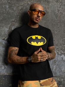 BATMAN X SHEIN Men's Summer Casual Printed Short Sleeve T-Shirt - Black - View 1