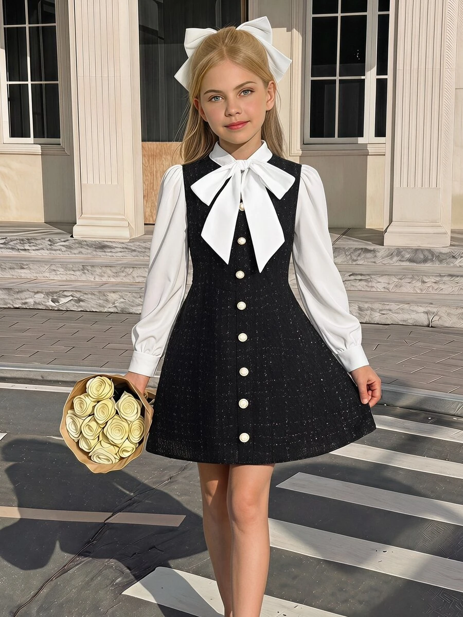Tween Girl Collar Patchwork Kids Color Fashion Vacation Travel Autumn Dress - Black - View 1