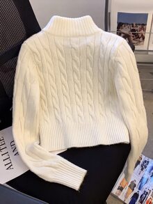 SHEIN 青少年女孩休閒純色半高領長袖寬鬆短版女款開襟針織衫，舒適時尚百搭，秋季上衣 - 米色 - 查看 2