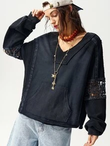 Bohemela Plus Size Women's Patchwork Hollow Design Pocket Loose Casual Sweatshirt Fall - Black - View 4