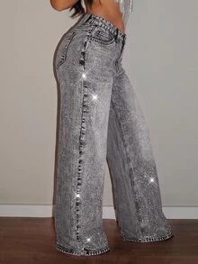 SHEIN PETITE Women's Casual Versatile Daily Travel Denim Jeans With Pockets, Buttons And Rhinestones - Light Grey - View 5