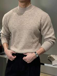 DAZY Spring/Autumn Khaki Marled Semi-High Round Neck Long Sleeve Cuffed Hem Men's Sweater - Khaki - View 1