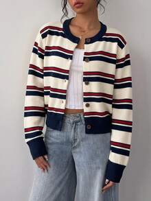 SHEIN BASICS 女款開襟衫，適合春、秋、冬，高端配色，優雅條紋，返校穿搭 - 彩色 - 查看 3