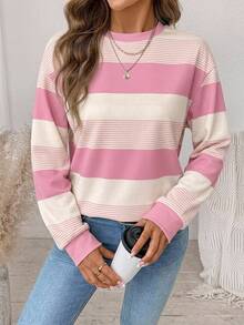 SHEIN LUNE 女款圓領寬鬆粉色條紋運動衫，休閒極簡風，秋季服飾，秋季穿搭，女款通勤穿搭，基礎上衣，外出穿搭，機場穿搭 - 白色 - 查看 6
