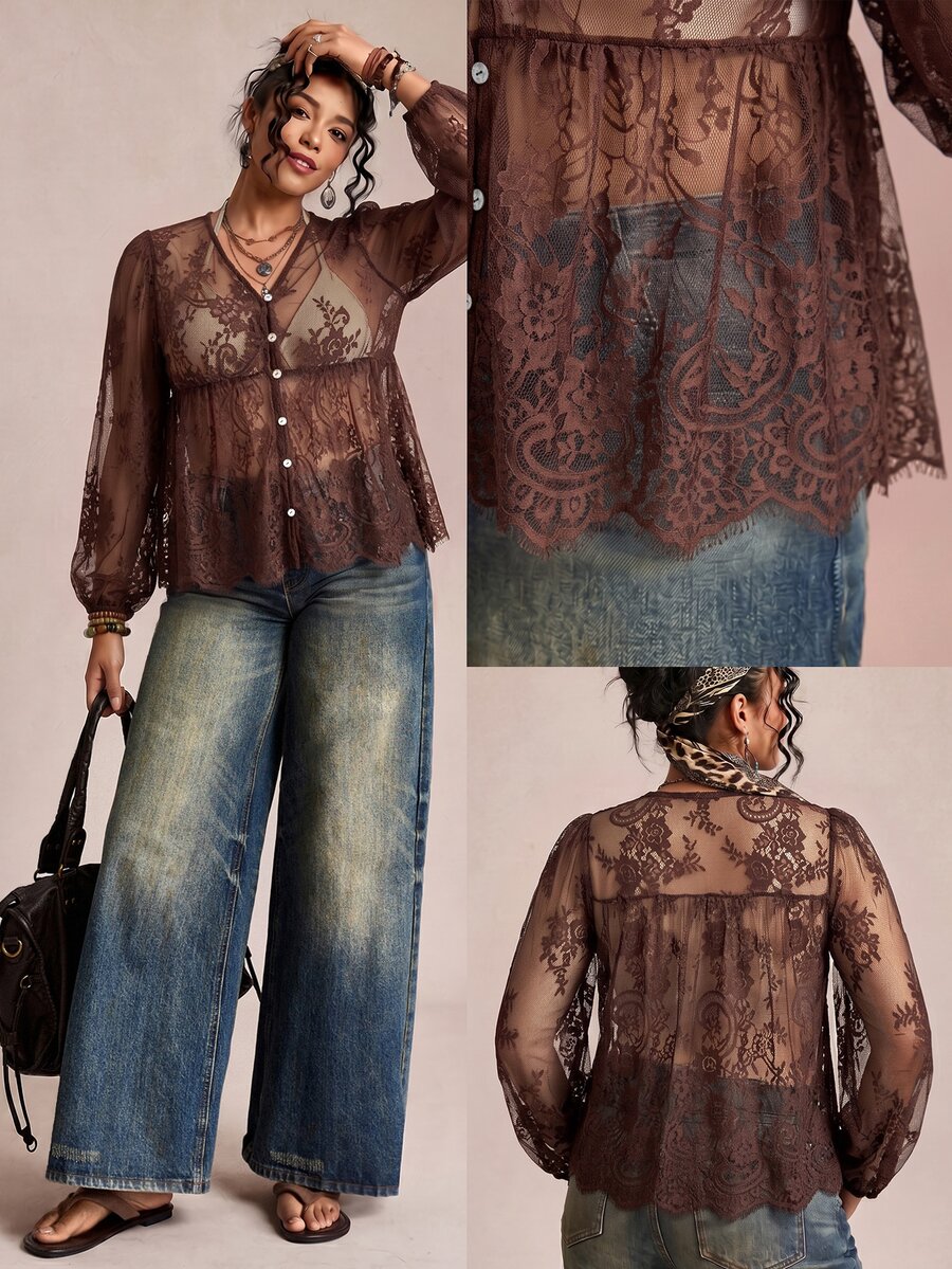 Freevana 女款蕾絲貝殼鈕扣透視襯衫 大尺碼寬鬆優雅休閒日常街頭出遊通勤度假 春夏女裝大尺碼襯衫 - 咖啡棕 - 查看 1