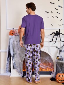 CoupledUp Halloween Pumpkin Print Men's Short Sleeve Long Pants Casual Pajama Set - Purple - View 3
