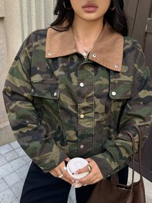 Rivivi Plus Size Women's Camouflage Lapel Casual Versatile Everyday Denim Jacket - Multicolor - View 4