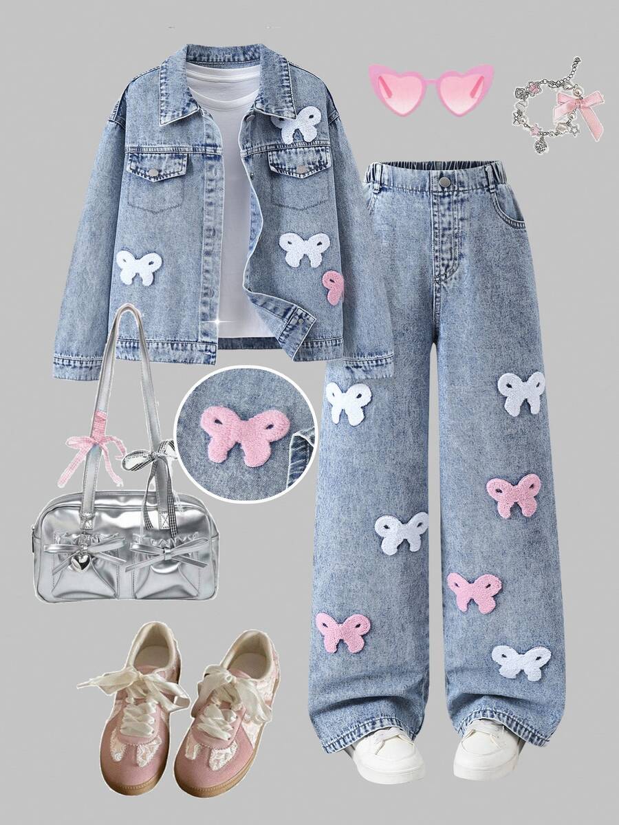 SHEIN 女童牛仔套裝,春秋新款,甜美休閒風,淺藍色水洗牛仔,經典翻領牛仔外套,搭配鬆緊腰直筒牛仔褲,白色+粉色對比蝴蝶結毛巾刺繡設計,結合雪花洗水工藝,寬鬆版型,柔軟舒適面料,春秋新款女童牛仔套裝 - 淺色水洗藍 - 查看 1