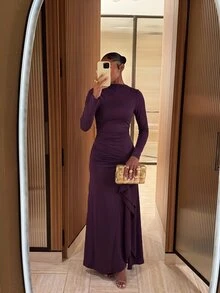 Lumalex Women's Long Sleeve Fitted Dress With Ruffle Hem, Asymmetrical Ruched Design And Side Slit HalloweenElegant Fashion Minimalist Casual Daily Commute - Red Violet - View 9