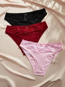 Charlaine Women's Plus Size Triangle Panties Lace Patchwork Satin Underwear 3-Pack - Multicolor - View 5