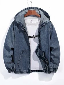 SHEIN 男童新款復古中藍色水洗丹寧連帽夾克，美式街頭風，品牌高端酷感小眾外套，舒適柔軟面料，適合休閒外出與戶外穿著，完美搭配 - 深色水洗藍 - 查看 7