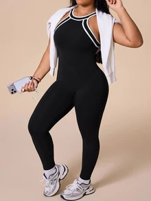 SHEIN Rhythm Era Women's Plus Size Halter Neck Fitted Sports Jumpsuit - Black - View 2