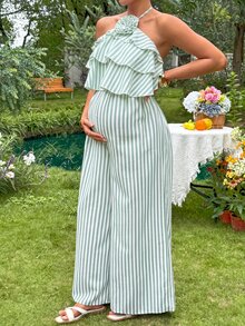 SHEIN 孕婦抽褶度假風 3D 花卉裝飾條紋連身褲 - 綠色 - 查看 3