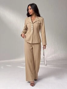 SHEIN PETITE 開襟長袖開襟衫與休閒長褲套裝 - 駝色 - 查看 7
