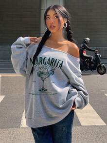 SHEIN EZwear 淺灰色女款露肩寬鬆休閒長袖衛衣，綠色調酒杯印花圖案，適合秋季 - 淺灰色 - 查看 6