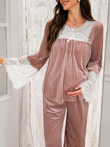 Moonlight&Mama 對比色蕾絲拼接秋冬天鵝絨長袖孕婦睡衣套裝 - 粉色 - 查看 4