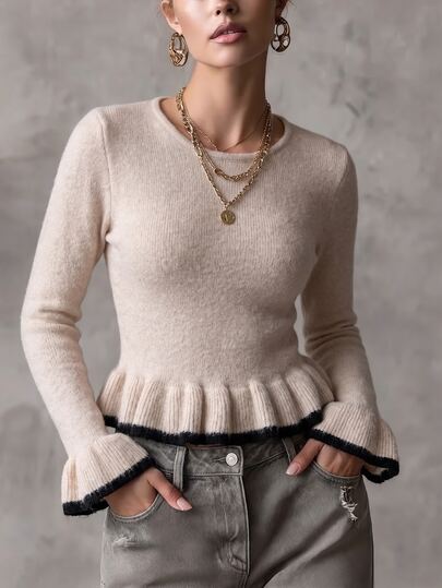 SHEIN Women's Autumn/Winter Fitted Slim Waist Contrast Trim Ruffle Design Long Sleeve Crew Neck Knit Pullover Sweater, Fashionable Elegant Romantic, Suitable For Casual Daily Wear, Dating And Office