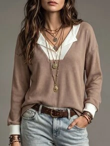 SHEIN LUNE 女款秋季休閒拼色拼接 T 恤 - 彩色 - 查看 6