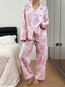 SHEIN 女款泡泡皺紋印花開襟領睡衣套裝 - 白色 - 查看 5