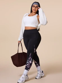 SHEIN Rhythm Era Plus Size Botanical Print Patchwork High Waist Seamless Sports Leggings - Multicolor - View 5