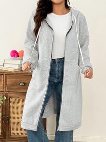 Weeklong Jaket Lengan Panjang Kasual Wanita Ukuran Besar Warna Polos dengan Tali Serut dan Tudung untuk Musim Dingin - Grey - View 6