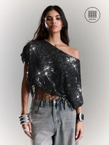 BAD SUNDAY Women's Mid-Sleeve Asymmetrical Shoulder Tassel Hem Crop Top, Y2K Sexy Millennium Style, Summer Halloween Party Club Going Out Black - Black - View 5