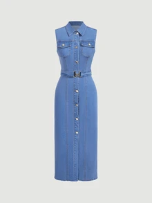 SHEIN LUNE Women's Collared Single-Breasted Fitted Casual Sleeveless Denim Dress - Blue - View 3