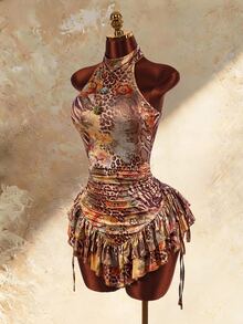Amplova Women's Sexy Animal Print Ruffle Backless Halter Neck Mini Dress, Summer - Brown - View 3