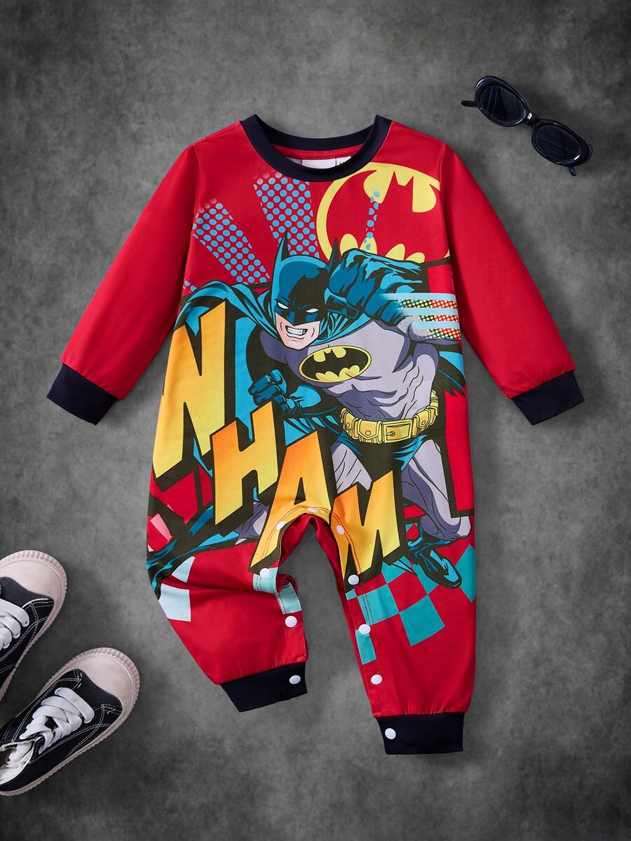 BATMAN X SHEIN 男嬰圓領長袖休閒連身衣 - 紅色 - 查看 1