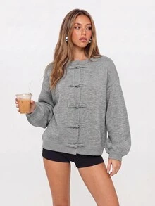 Avantive Sweater Lengan Panjang Wanita Model Streetwear Bergaya Vintage Lembut dengan Kancing Katak - Grey - View 10