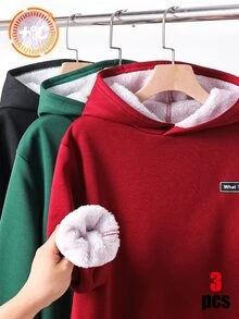 SHEIN 買2送1 童裝大童男孩休閒運動保暖內裡加厚連帽衛衣，聖誕紅、聖誕綠、黑色，適合秋季、冬季、學校、家庭聚會、度假、派對，秋季穿搭、冬季穿搭 - 彩色 - 查看 2