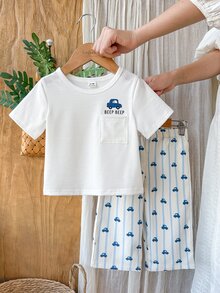 SHEIN Vintaside Kids 2件組男嬰可愛休閒短袖上衣與格紋長褲套裝，適合夏季與旅行 - 白色 - 查看 3