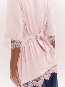 SHEIN BAE Women's Solid Color Round Neck Contrast Lace Asymmetric Hem Fashion Top - Coral Pink - View 7