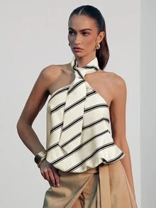 Hauture Women's Sexy Casual Office Night Out Brunch Black And White Striped Necktie Design Halter Neck Elastic Back Top Summer - Multicolor - View 4