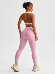 Women's Colorblock Trim Backless Halter Neck Cropped Top & Leggings Sports Set - Pink - View 3