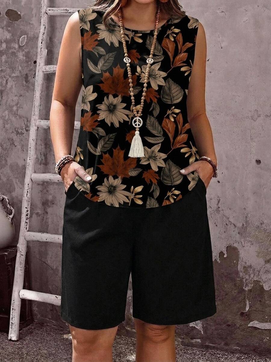 EMERY ROSE 復古浪漫楓葉印花大尺碼女款背心與黑色短褲兩件套，適合夏季 - 彩色 - 查看 1