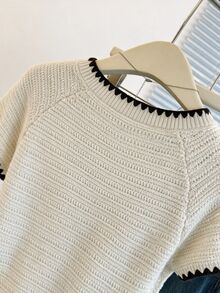 Franclia Áo cardigan len dệt kim tay ngắn viền gợn sóng phối màu tương phản - Màu be - Xem 5