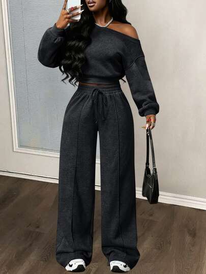 Slaydiva 2025 Autumn/Winter New Music Festival Holiday Western Nomadic Style Birthday Party Graduation Season Student Wear Daily Street Basic Versatile Casual Letter Print Zipper Collar Asymmetric Shoulder + Straight Leg Sweatpants Grey Faux Snow Wash Women's 2-Piece Set-A