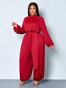 SOLERSUN Jumpsuit Ukuran Besar Model Halter Neck Lengan Panjang Berkerut dengan Celana Panjang Lebar Berlipit di Pinggang, Nuansa Santai Liburan Pantai Warna Burgundy untuk Musim Gugur - Burgundy - View 7