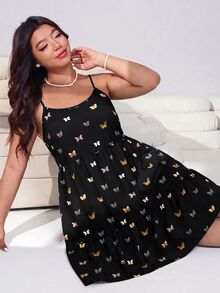 SHEIN EZwear 女款大尺碼全印花休閒日常夏季細肩帶洋裝 - 黑色 - 查看 2