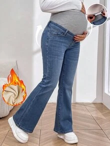 SHEIN 孕婦可調腰圍休閒保暖內裡喇叭褲牛仔褲 - 藍色 - 查看 1