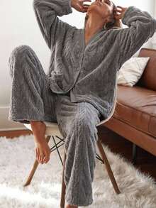 Livesso Women's Winter Warm Loungewear Set Fall - Grey - View 8