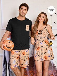 CoupledUp Halloween Print Casual Short Sleeve Shorts Pajama Set For Men - Black - View 4
